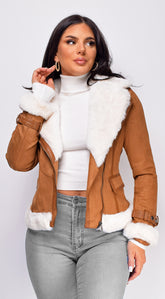 Blaer Camel Brown Suede Faux Fur Moto Jacket